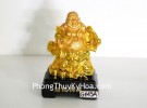 Phật di lạc vàng đứng gánh như ý xâu tiền đế gỗ G143A