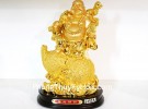 Phật di lạc vàng cầm cành đào vàng ngồi trên túi vàng lớn G152A